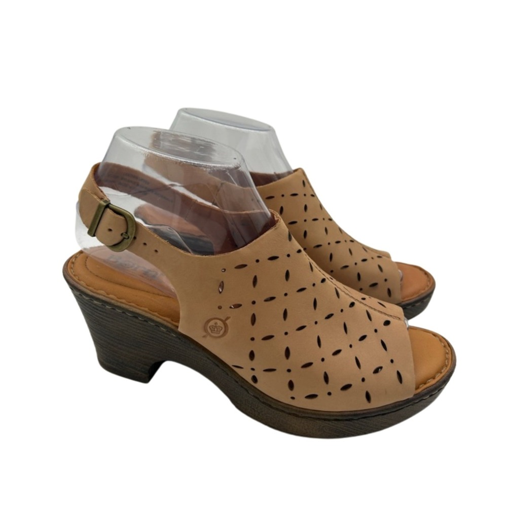 Born‎ Slingback Shoe Sandals Women's Size 8M Tan Peep Toe Block Heel Booties
